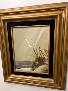 Original Oil Painting of Two Sea Gulls on the Coast in a Gold Frame